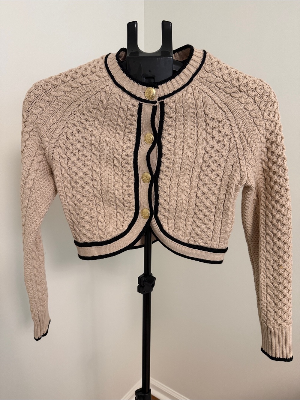 J. Crew Beige Cable-Knit Cropped Cardigan with Black Trim